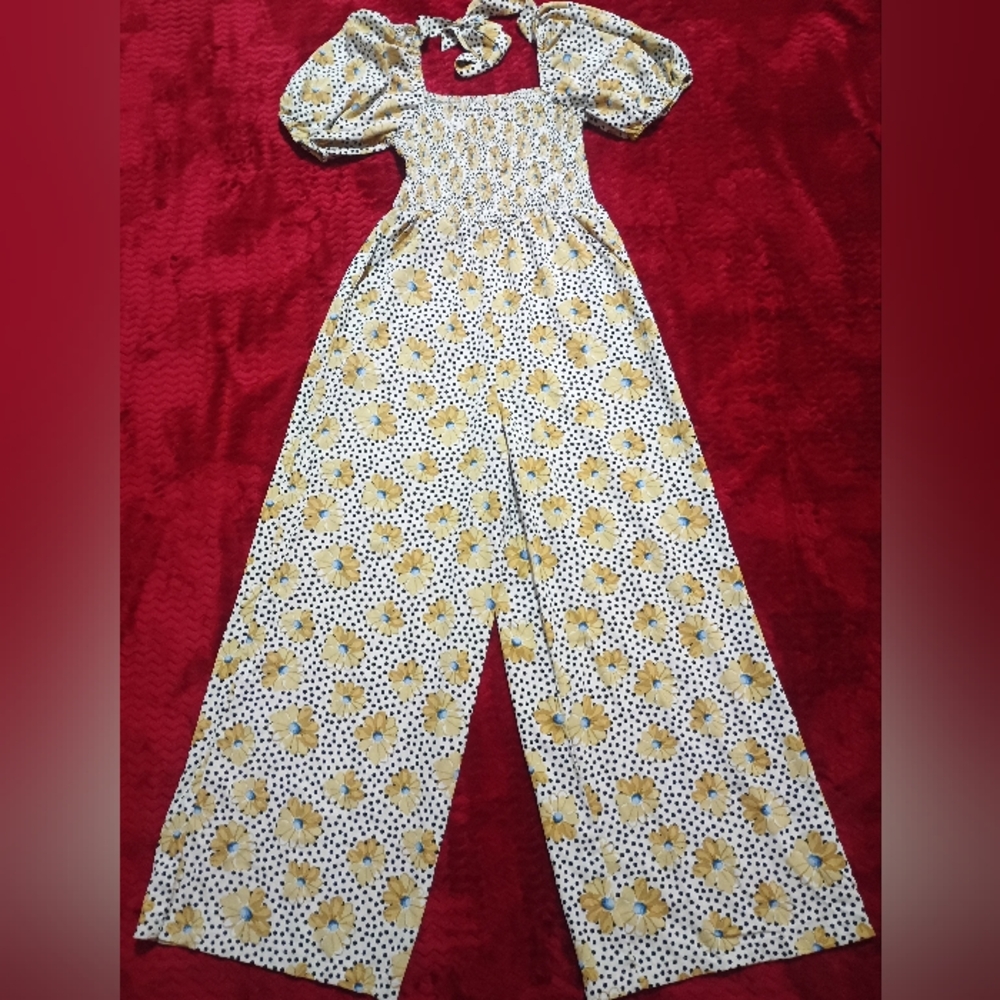 Vintage-Inspired Yellow and Black Floral Jumpsuit